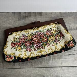 Vintage Floral Rose Tapestry Clutch Purse Brown Plastic Handle Hong Kong